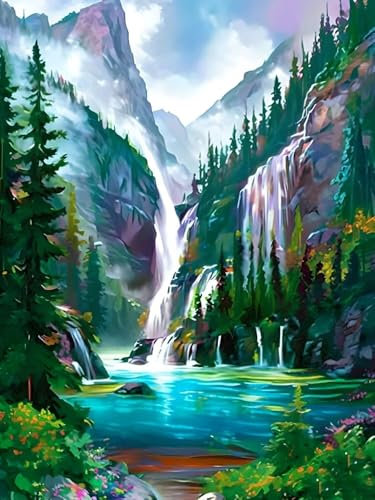 Peinture par Numéros pour Adulte Cascade paysage, Activité Manuelle Kit de Peinture à l'huile sur Toile Bricolage pour Enfant avec pinceaux Peinture de Dessin de Pigment Acrylique, 45x60cm L-394