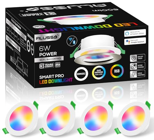 ALUSSO LIGHTING LED Einbaustrahler WIFI & Bluetooth, 6W IP54 Smart LED Spots 230V Dimmbar, 3000K-6500K RGB Farbwechsel Deckenleuchte für Wohnzimmer, Badezimmer, Küche (4 Stück)