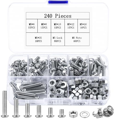 240 Pcs M5 Juego de Tornillos y Tuercas y Arandelas Set, Tornillos de Redonda en Cruz, Roscados de Cabeza Plana Cruzada, Tornillos de Cabeza de Botón con Tuercas con Arandelas Set