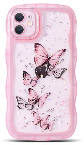 NITITOP Compatible with iPhone 11 Case Cute Clear for Women Girls Butterfly Bling Glitter Sparkling Star Wave Curly Frame Soft TPU Shockproof Camera Protective Cover - Pink