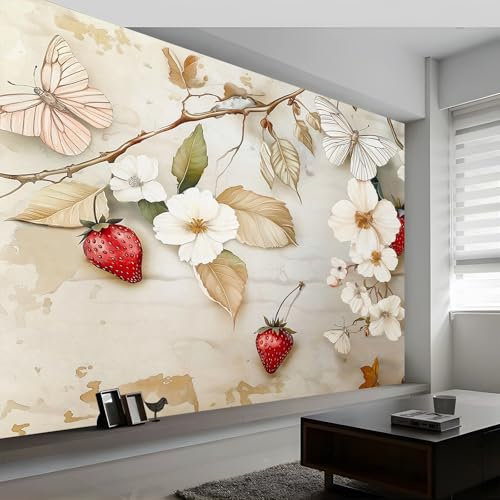 Papier peint photo aquarelle fleurs fraises 450 x 315 cm Facile à installer Décoration pour salon, bureau et chambre d'enfant