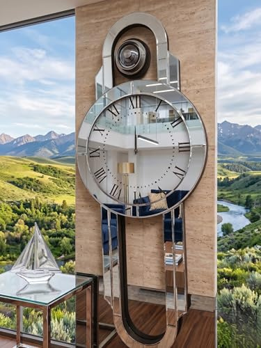 Biznest Full Mirrored Grandfather Round Style Large Wall Clock Sparkly Silver Mirrored