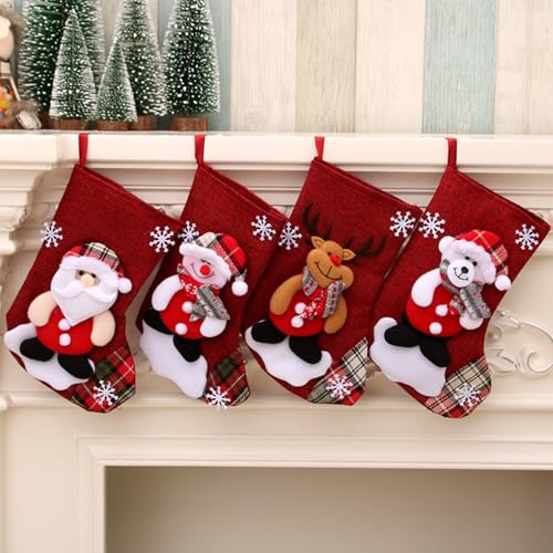 NSXIN 4 Stück Weihnachtsstrumpf Groß Nikolausstrumpf zum Befüllen, Weihnachtsbaum Weihnachtssocken Deko, Hängende Geschenktasche für Kamin & Weihnachtsbaum (A)
