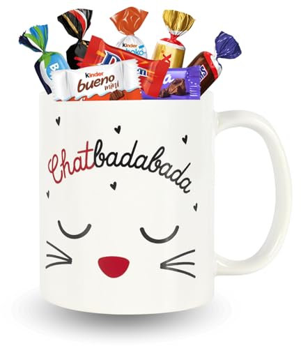 Mug ChatBadabada garni d'un Assortiment de 20 Chocolats CELEBRATIONS, MILKA, DAIM et KINDER | Coffret Original Prêt à Offrir