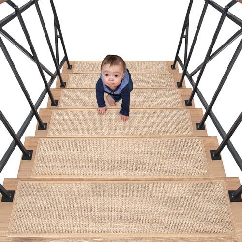 IPEB Tapis d'escalier en lin, 20 x 76 cm, antidérapant, avec dos en caoutchouc, autocollant, pour enfants et personnes âgées et animaux domestiques (15, beige)
