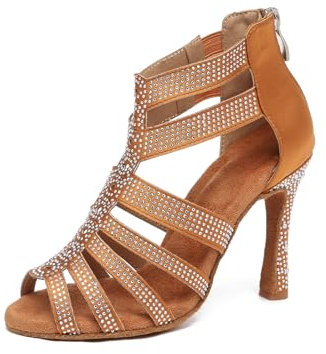 VCIXXVCE Scarpe da Ballo Latino Donna Salsa e Bachata Tango Valzer da Sala Marrone Stivali da Ballo Tacco 7,5 cm per Ballare con Punta Aperta, 39 EU