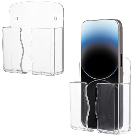 Dimeho 2 Stück Wandhalterung Handy Ladegerät Halterung Klar Wandmontierte Selbstklebender Handyhalterung mit Empfangsloch für Datenkabel für Dusche/Ladestation Nachttisch Organizer