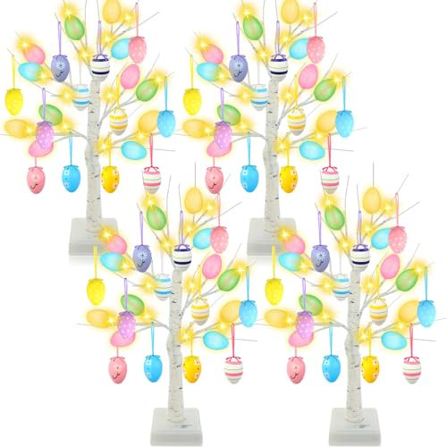 Tuanse 4 Pack 24 Inch LED Lighted Birch Artificial Easter Tree with 24 Egg Ornaments Timer Battery Operated/USB