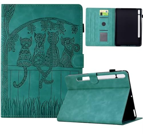 Vaitasy Funda para Samsung Galaxy Tab S6 10.5 2019 SM-T860/T865 Simpática Silueta de Gato Cuero PU con Multiángulo Folio Carcasa para Galaxy Tab S6 Verde