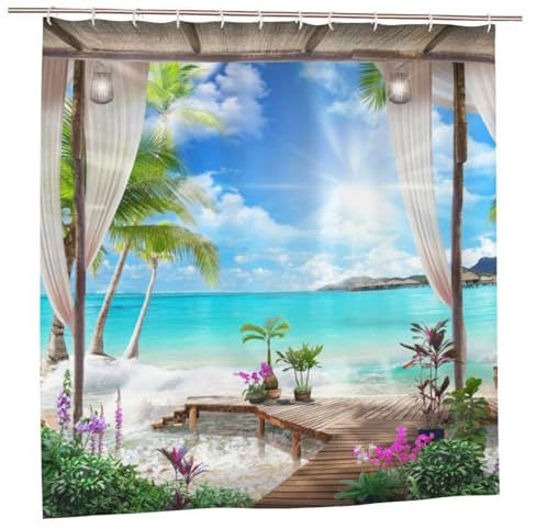 YUAOEUR 3D Landscape Garden Shower Curtain 71X71 Inch Nature Scenery Sunset at Lake View Spring Flowers Green Grass Scenery Bathroom Decoration Curtains with Hook
