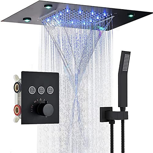 WOTZOV Shower System LED 64 Colors Shower Faucet Set Black Rain Shower Combo Set 3 Functions Tub and Shower Trim Kit with Handheld Sprayer and 50 * 36cm Rain Shower Head, Remote Control