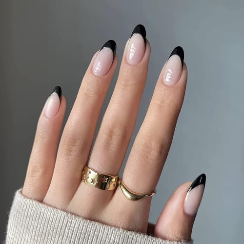 Oval French Short False Nails Set - Black Almond Pattern with Nude Tips, Stiletto Stick On Nails for Women & Girls - Includes Nail Glue - Nail Art Design