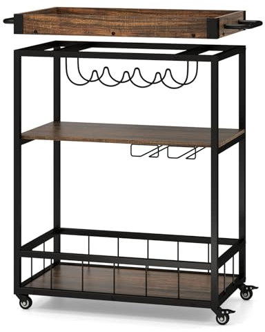 GIANTEX Barwagen mit Rollen, Küchenwagen, 3 Ebenen mit abnehmbarer Platte, Weinregal, Glashalter, feststellbare Räder mit Bremse, Servierwagen, 84 x 40 x 90 cm, rustikales Braun
