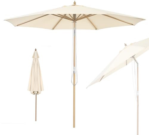 RELAX4LIFE Parasol Droit Inclinable 3M en Bois, Parasol de Jardin Extérieur 3M, 8 Baleines en Bambou, Levage à Poulie, Polyester Hydrofuge, Protection Solaire, Facile à Monter pour Balcon Terrasse