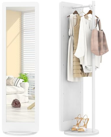 COSTWAY Full Length Mirror with Coat Rack, 2-in-1 Freestanding Floor Mirror with 360° Rotating Base and Hooks, Solid Wood Frame Long Full Body Dressing Mirrors for Bedroom Hallway Cloakroom (White)