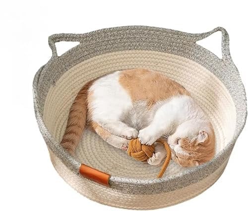 Cutypet Katzenkorb, Virela Weidengeflecht-Katzenbett, Haustiernest aus Baumwollseil, handgewebtes, atmungsaktives, langlebiges Katzenschlafhaus aus natürlichem Rattan mit Spielzeugschwanz,L,Grey