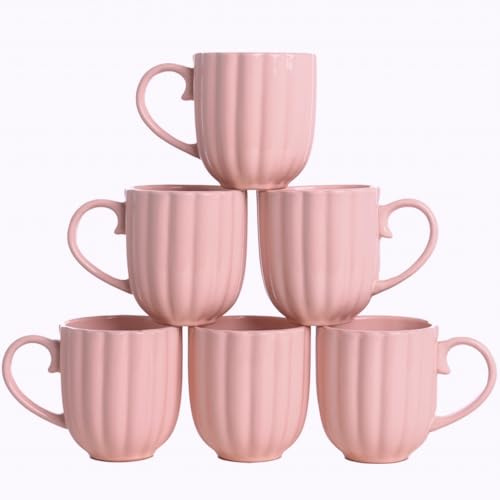 HOMD Coffee Cup Set 6-12oz Large Handle Ceramic Cup for Coffee, Soup, Tea, Milk, Latte, hot Cocoa, Ladies, Men-New Porcelain Mug Set. (Petals Pink)