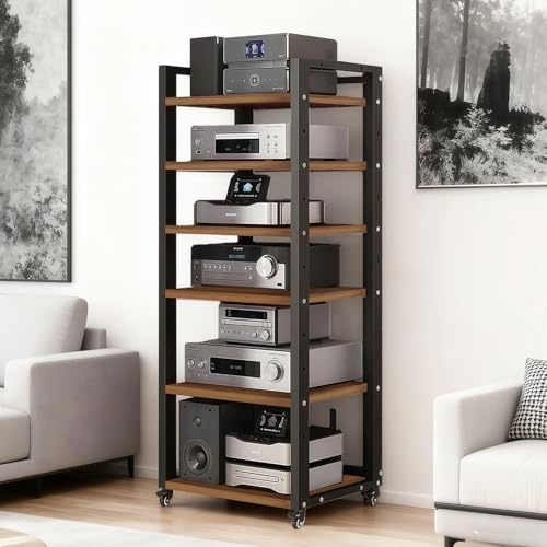 jvsufuik 6-Tier AV Media Stand, Audio-Video Shelving with Wheels, Adjustable Media Console Cabinet, Modern Stereo Rack, Metal Media Shelf for Record Player, DVD, TV Box