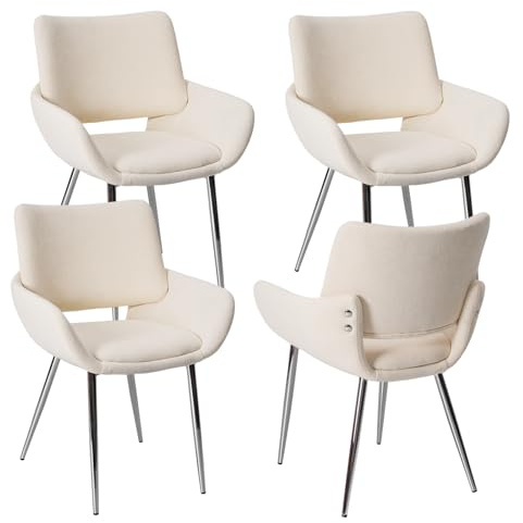 ELUCHANG Esszimmerstuhl 4er Set, bis 150 kg Belastbar, Schminktisch Stuhl, Küchenstuhl mit Rückenlehne & Armlehnen, Sessel, Akzentstuhl mit Gold Metallbeinen Accent Chair, Cremeweiß