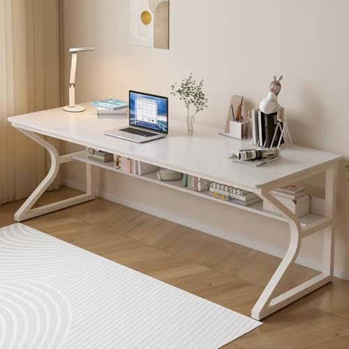 OSCHF 180 x 60 cm extra Langer Schreibtisch mit Ablagefach, Weiß | Doppelter Langer, 2-Personen-Arbeitsplatz, PC Tisch, einfache Montage, für Homeoffice, Familienecke & Schlafzimmer