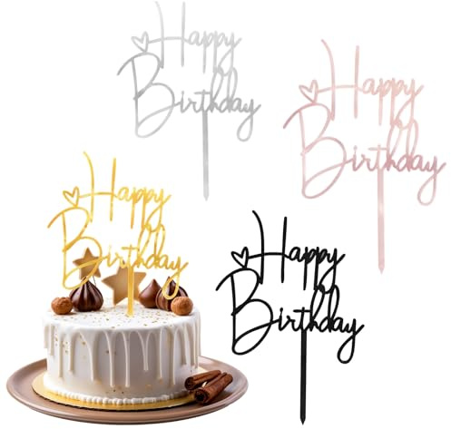 4 Pcs Happy Birthday Cake Topper, Acrylic Birthday Cake Decorations, Personalised Cakes Topper for Cakes Decorations, Party Cupcake, Pastries Dessert (Rose Gold, Silver, Gold, Black)