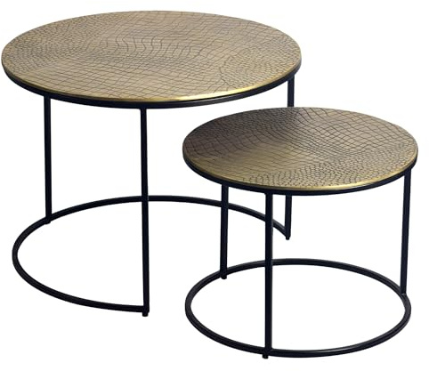 FineBuy Satztisch Metall 2er Set rund Gold - Couchtisch Aluminium Tischplatten mit Muster - Beistelltisch Sofatisch Alu modern - Wohnzimmertisch Eisen Gestell Handmade