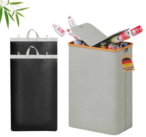 XMHome pfandflaschen sammelbehälter 140L Pfandflaschen Sammler mit 2 Fächern Leergut Sammelbehälter mit stabilem Deckel mit Griffen Flaschen Sammler für Küche, Abstellraum & Keller (140L Grau)