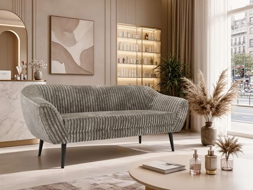 MKS MEBLE Sofa PIRS 3-Sitzer - Skandinavisches Design Couch, Gesteppte Polsterung, Wellenfederung, bequemes Polstersofa für Wohnzimmer - Schwarze Beine, Hellbraun Cord
