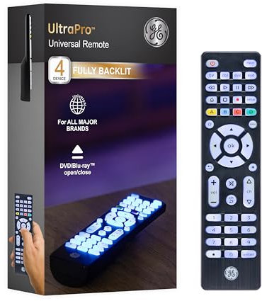 GE Blue Backlit Buttons Universal Remote Control, Samsung TV Remote Control Replacement, Samsung Remote Control for Smart TV, Roku Remote Replacement, Vizio, LG TV, Sony, 4-Device, Brushed Black 48843