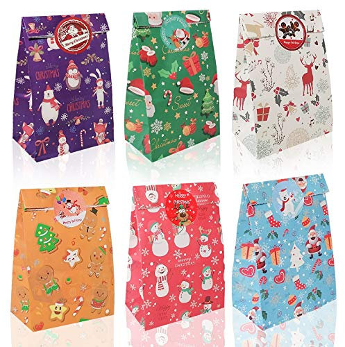 RFWIN Geschenktüten Weihnachten, 30 Stück Papiertüten Weihnachten mit Stickern, Bunte Geschenkbeutel Klein Papier Tüten zum Befüllen Schokolade Süßigkeiten Tasche Partytüten Weihnachtstüten