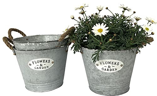 OF 3 runde Blumentöpfe, Eimer aus Zink und Schriftzug “Flowers & Garden“ - Garten Blumentopf Set (3 große Eimer P21)
