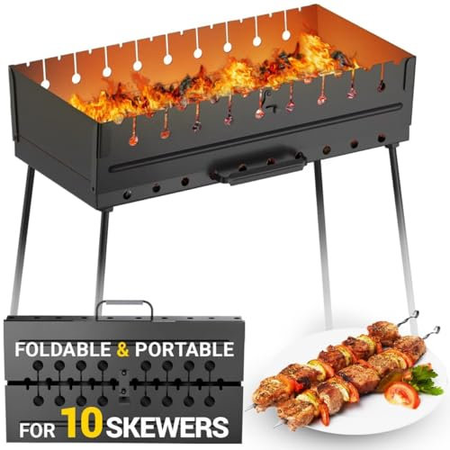 Holzkohlegrill für 10 Spieße, tragbar, Kebab-Camp-Grills, faltbarer Metall-Mangal-Grill, Schisch Kebab, BBQ für Picknick, Outdoor-Kochen, Camping, Wandern, N10