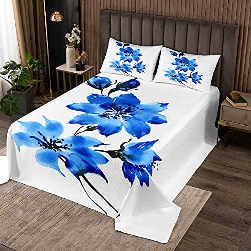 richhome Parure de lit 3 pièces avec housse de coussin pour lit king size Motif fleurs de lys Bleu