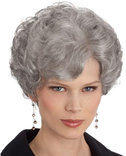 GNIMEGIL Kurze Graue Pixie-Cut Perücke mit Pony für Seniorinnen Oma Kostüm | Weihnachten Halloween Cosplay Kunstfaser