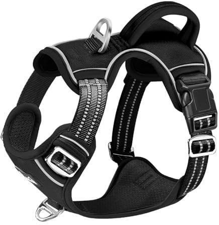Eyein Hundegeschirr für Große Hunde, verstellbares atmungsaktives reflektierend, gepolstert und atmungsaktiv Brustgeschirr mit Griff und Frontbügel für tägliches Training (Schwarz, XL)