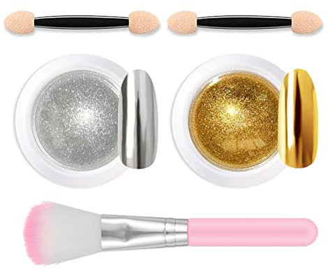 Lofuanna Chrome Nail Powder—2 Jars Holographic Gold Sliver Chrome Pigment Powder Mirror Glitter Effect for Nail Art Deco with 2pcs Eyeshadow Sticks and Dust Brush 0.5g/Jar