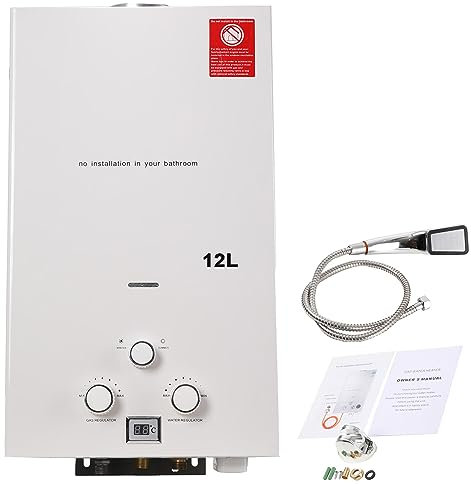 ECUTEE 12L 24KW Scaldabagno a gas di petrolio liquefatto Scaldabagno a gas propano/GPL, Scaldabagno istantaneo senza serbatoio con kit doccia, Per docce da esterno, bianco