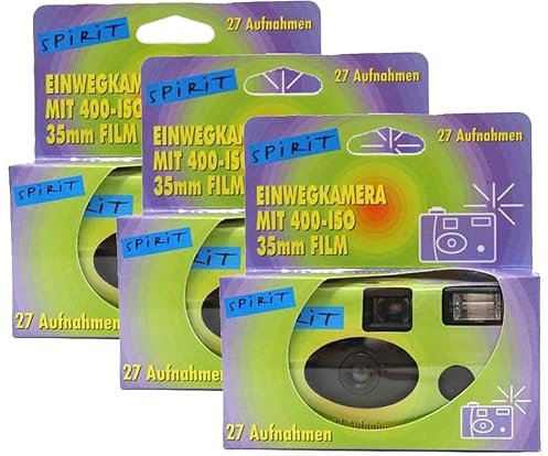 Lot de 3 appareils photo jetables 1A PORST Spirit Vert/bleu (avec flash, piles, film, 27 prises chacun)
