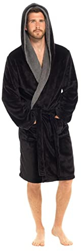 Style It Up Mens Luxury Dressing Gown Long Sleeve Hooded Lounge Bathrobe Warm Snuggle Fleece (Black, 3XL)