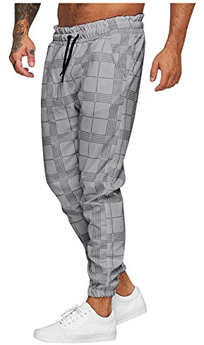 Jogginghose Herren Trainingshose Loose Fit Sporthose Lang Sweatpants Kariert Freizeithose für Männer Herren Jogginghose Sporthose Baumwolle Fitness Slim Fit Hose Freizeithose (Grau, L)