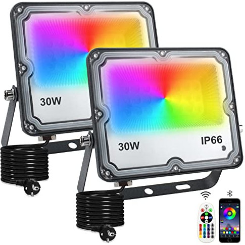 Indmird RGB Strahler 30W RGB LED Strahler Außen mit Bluetooth APP Steuerung IP66 Wasserdich Außenstrahler Smart RGBW Farbwechsel Dimmbar Flutlichtstrahler Stimmungslicht für Garten Party Bühnen