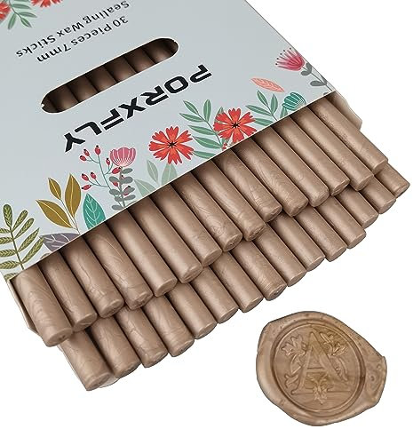 30 Stück 7mm Siegel Wachs Sticks für Klebepistole, PORXFLY Mini-Siegelwachsstäbe, ideal für Karten, Umschläge, Hochzeitseinladungen, Geschenkverpackungen, Weinpakete (Latte Gold)