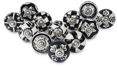 Ajuny Set of 12 Ceramic Knobs Black and White Cupboard Door Drawer and Furniture Pulls for Kitchen Cabinets Bathroom Dresser Drawers Handmade Pottery Decorative Knobs
