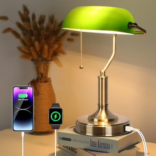 LINNMON Bankers Lamp, Green Desk Lamp with Pull Chain Switch, Retro Lamp with USB and Type C Charging Ports, Vintage Lamp for Home Office, Piano, Library (Retro)