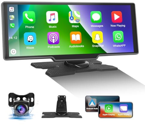 CAMECHO Carplay Inalambrico Android Auto,10,26 Pulgadas Pantalla para Coche Sin Instalacion mit Mirror Link Bluetooth Siri/Google Assistant Transmisor FM+Cámara Trasera