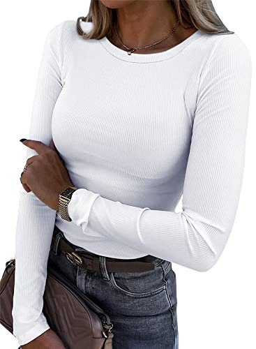 Smile Fish Womens Long Sleeve Stretch Crewneck Ribbed T-Shirt Fitted Casual Basic Tops, White M