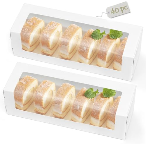 Kingrol 40 Pack White Bakery Boxes with Window, 30x10x9cm Roll Cake Boxes, Rectangle Paper Boxes for Pastries, Desserts, Muffins, Donu