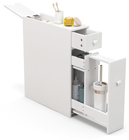 KOMFOTTEU Armario de Baño Estrecho, Mueble de Almacenamiento con 2 Cajones, Estantería Lateral Ahorra Espacio, Columna de Baño, Armario de Suelo para Cocina, Oficina, 48 x 16 x 58 cm (Blanco)