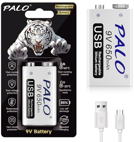 Mspalocell Batterie Lithium 9V 650mAh, Charge Rapide 1500+ Cycles, Batterie Bloc 9V à imprimé Tigre Rechargeable avec câble de Charge Micro USB et indicateur de Charge, 2 Piles 9V