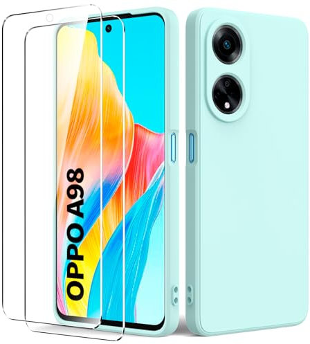 Byvuwiay Cover per OPPO A98 5G con 2 Vetro Temperato Pellicola Protettiva, Custodia in TPU Ultra Sottile Antiurto Anti-Scratch Case, Menta